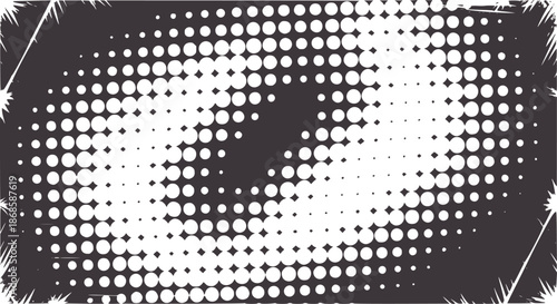 Black and halftone pattern with distressed edges and swirling effect abstract dots