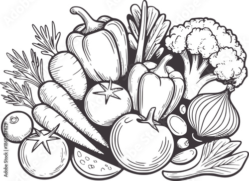 A detailed line of a variety of fresh vegetables food healthy organic produce