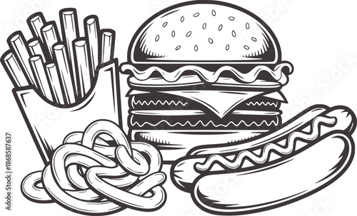 Black and of a burger hot dog french fries and onion rings hotdog