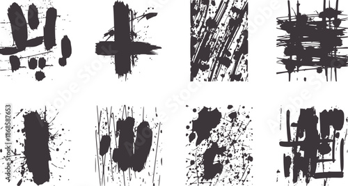 Collection of Eight Dark Gray Grunge Ink Splatter Brush Stroke Textures
