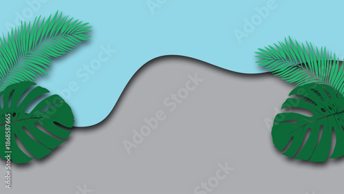 Tropical leaves framing a serene beach scene with blue sky and sandy shore