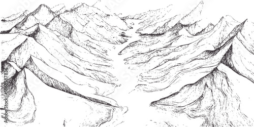 Detailed ink of a winding mountain valley with sharp peaks landscape