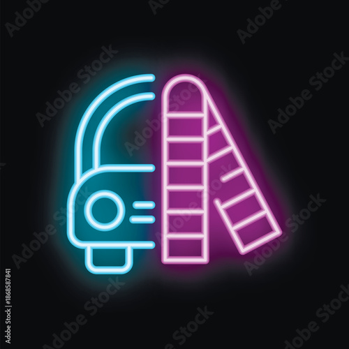 Glowing neon icon of a car passing through an international border with the gate open