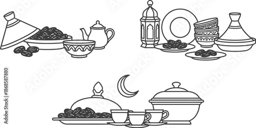 Ramadan kitchenware set with tajine and dates vector illustration