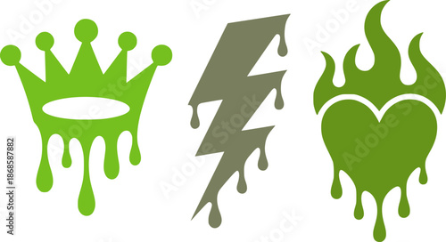 Green dripping crown grey dripping lightning bolt green dripping heart