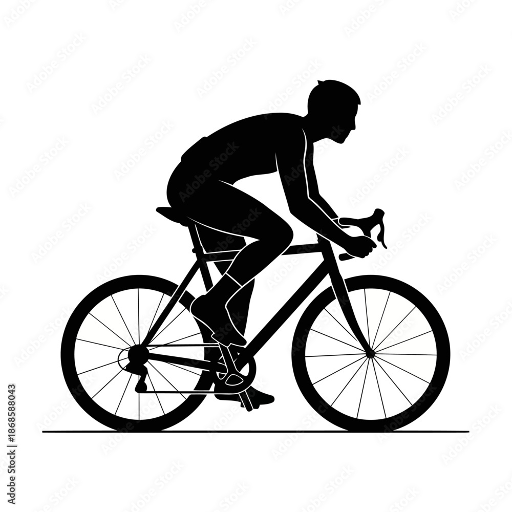 Obraz premium Silhouette graphic of a cyclist riding a road bike showcasing fitness sport and healthy lifestyle in a minimalist black and white design emphasizing speed and endurance