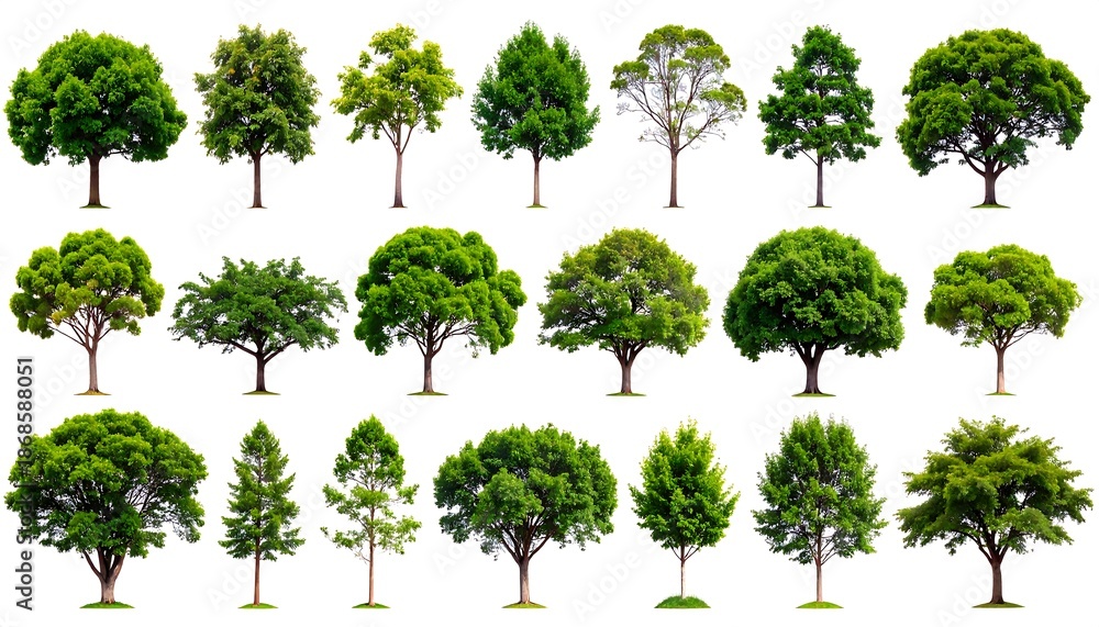 Fototapeta premium Collection of diverse green trees on white. Each has a unique shape and foliage density. Isolated elements