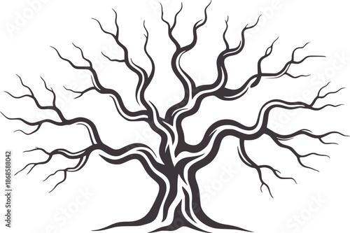 Stylized dark gray bare tree silhouette with thick twisting branches
