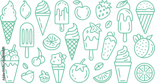 Teal outline of various ice creams fruits and popsicles cone