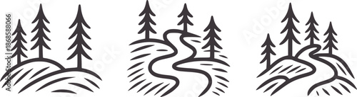 Three minimalist of pine trees and winding rivers stream