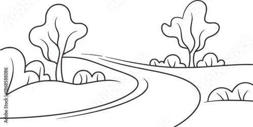 Winding road through stylized landscape with trees and bushes nature