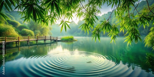 Serene morning mist over tranquil lake with wooden footbridge and vibrant bamboo foliage reflecting in still water