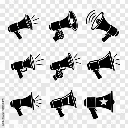 Diverse set of megaphone illustrations conveying communication alert and announcement concepts in black and white ideal for marketing and social media messaging