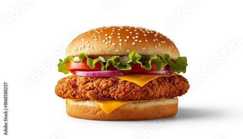 A delicious chicken sandwich with melted cheese and fresh vegetables on a sesame seed bun