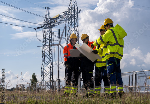 Workers discuss plans near electrical towers on a sunny day with blue skies and clouds in the background