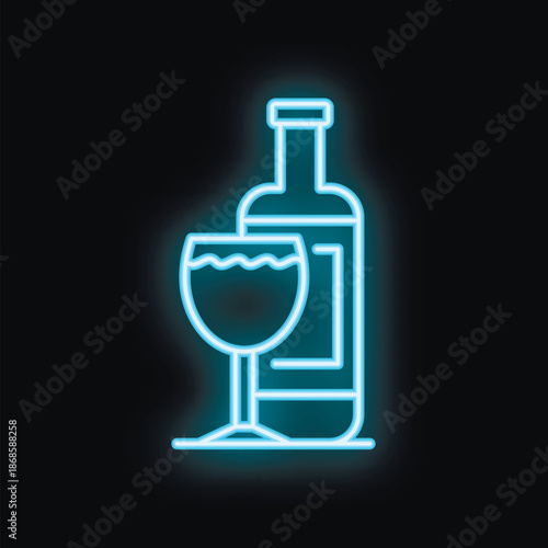 Blue neon sign showing a bottle of wine and a glass, glowing on black background