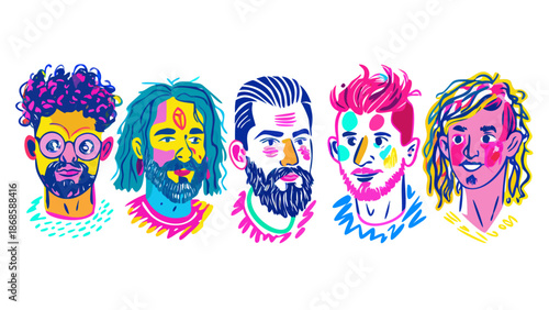Portraits of six creative artists in a messy, vibrant doodle style. Unique hairstyles, facial hair, and artistic accessories. Bold use of pink, lime green, and electric blue. Hand-drawn aesthetic.