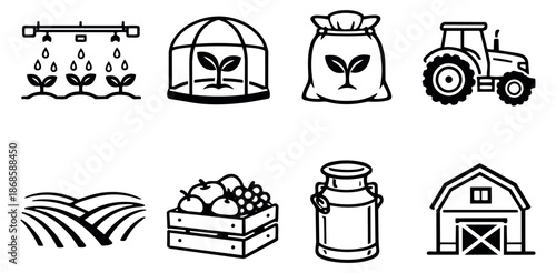 Line art agriculture icons set featuring farming equipment, crops, and rural structures for modern food production