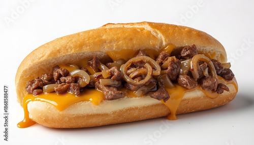 A delicious cheesesteak sandwich with melted cheese and caramelized onions on a toasted hoagie roll