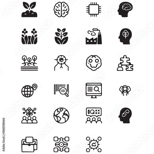 Set of linear icons representing machine learning, ecology, and human intelligence.