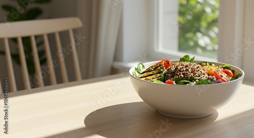 Wallpaper Mural A white bowl of mixed salad sits on a light wooden table in a bright room with a window and chair in the background. Torontodigital.ca