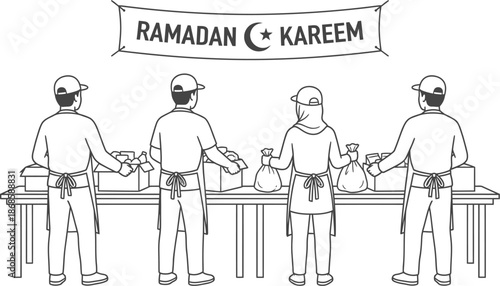 Volunteers distributing food boxes during Ramadan vector illustration