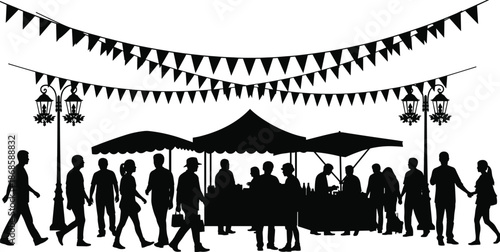 Black silhouette of crowded outdoor street market fair with people walking under festive bunting flags, market stalls and lantern street lights vector illustration,