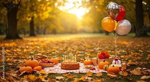 Wallpaper Mural Autumnal picnic setup with cake, fruit, and balloons on a blanket in a park with fallen leaves and sunny background. Torontodigital.ca