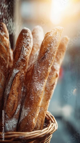 Fresh, crusty baguette bread in rustic basket, illuminated by warm golden sunlight. An appetizing traditional artisan loaf from bakery, creating cozy and inviting gourmet breakfast scene