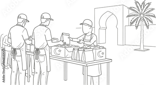 Volunteers distributing food boxes during Ramadan vector illustration