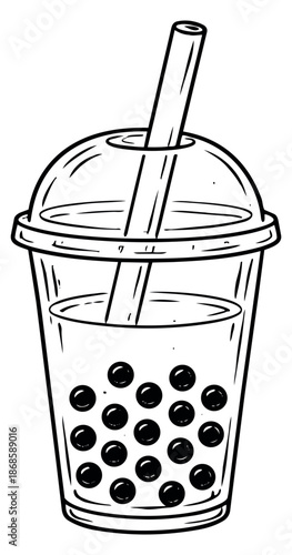 Hand drawn line art illustration of bubble tea depicting a cold drink in a disposable cup with a straw and tapioca pearls for a beverage menu
