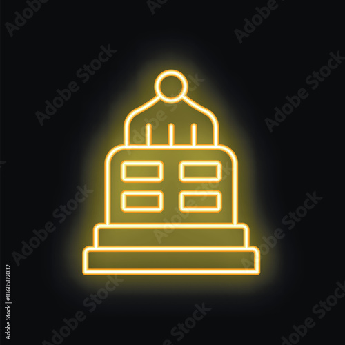 Yellow neon sign of a politician making a speech from a podium, on a black background