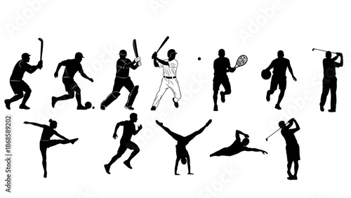 Silhouettes of various athletes and individuals participating in different sports and physical activities.