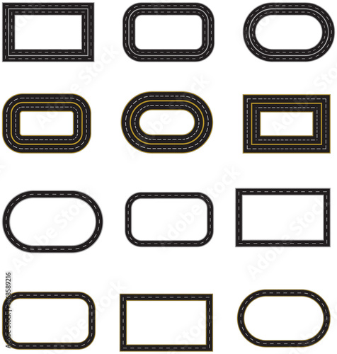 Circle, Roundabout and curve roadway parts of single and double roads. Transport icons. City road and highway top view. Aerial view of asphalt street and Road from above with footpaths and crossroads.