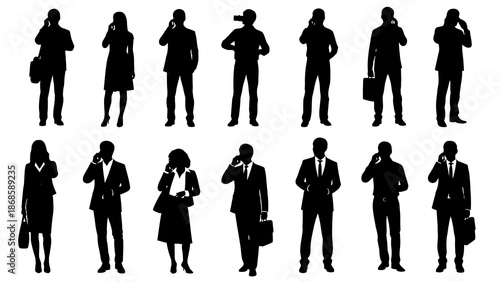Silhouettes of diverse people, men and women, talking on cell phones and using mobile devices.
