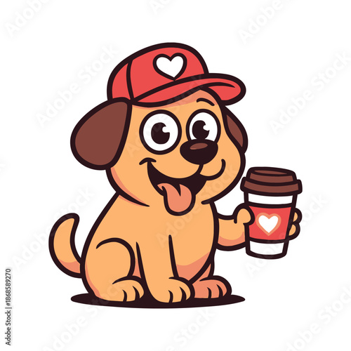 A cheerful cartoon dog wearing a heart hat and happily holding a coffee cup.