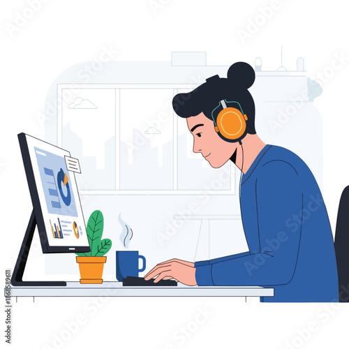 Woman wearing headphones at computer desk.