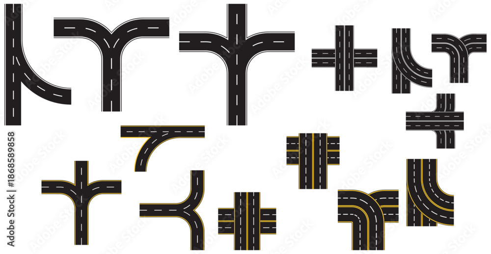 Obraz premium City road and highway top view. Signal and junction box with curve roadway parts of single and double roads. Transport icons. Aerial view of asphalt street and Road from above with footpaths and cross