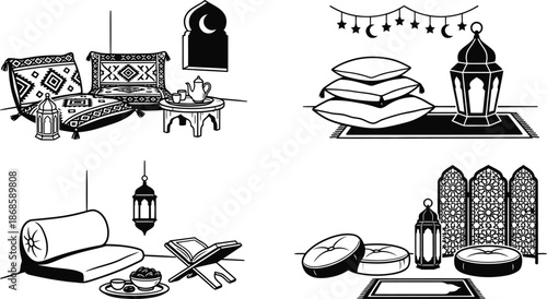 Ramadan corner with floor cushions and traditional lantern vector