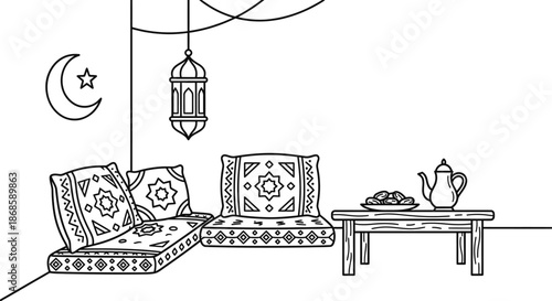Ramadan corner with floor cushions and traditional lantern vector