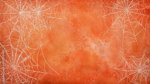 _A high-resolution, grungy Halloween-themed background featuring multiple intricate white spiderwebs stretched across an uneven, textured orange backdrop.