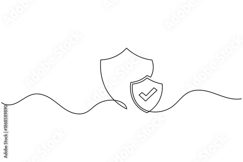 Continuous line drawing of security shield icons with check mark symbol