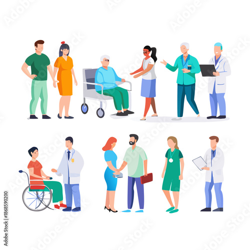 Patients and doctors. Medical staff with clinic patients, doctors and nurses diagnosing and advising patients flat vector illustration set. Hospital professional workers with patients characters