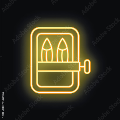 Yellow neon sign illuminating a can of sardines on a black background