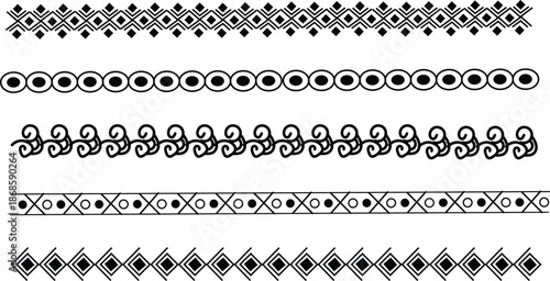 Set of minimalist black and white horizontal decorative border dividers with geometric and floral pattern design elements for graphic design projects