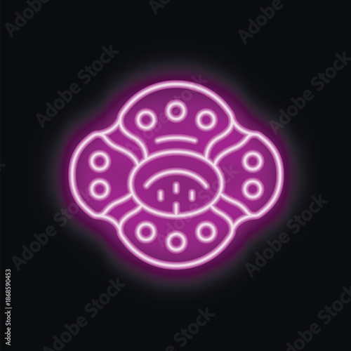 Purple neon sign representing a flower on a black background, ideal for a banner or to illustrate the concept of spring
