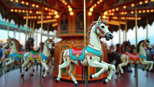 Vintage carnival carousel with ornate painted horses, amusement park ride, nostalgic fairground attraction, colorful decorative lights, childhood entertainment