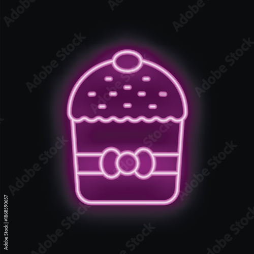 Purple neon sign of an easter cake with a bow on a black background