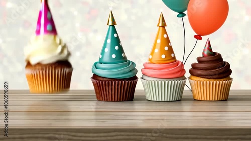 Colorful party cupcakes and balloons celebration on wooden table