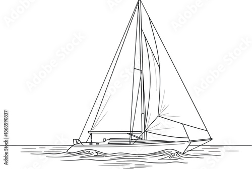 Sailboat sailing on the ocean with full sails and clear horizon line
